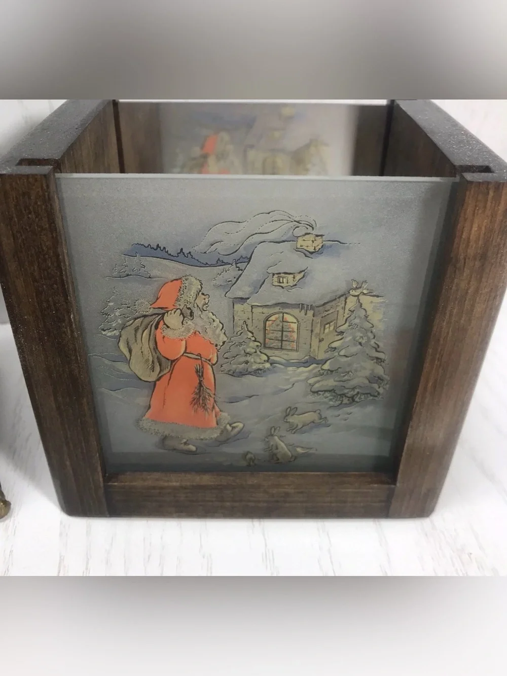 vtg wooden christmas/halloween candle holder with 6 glass pic inserts Hand Made